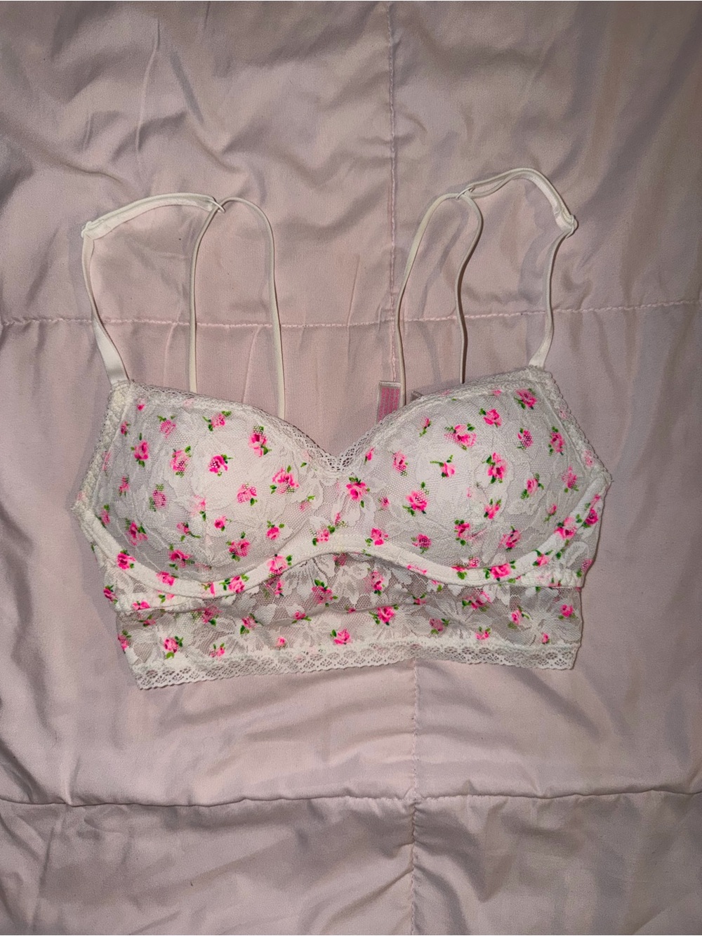 PINK Victoria's Secret White Bralette with Pink Rose Print
